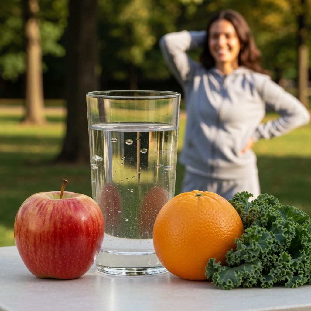 Glass of water with fresh fruits and person walking outdoors